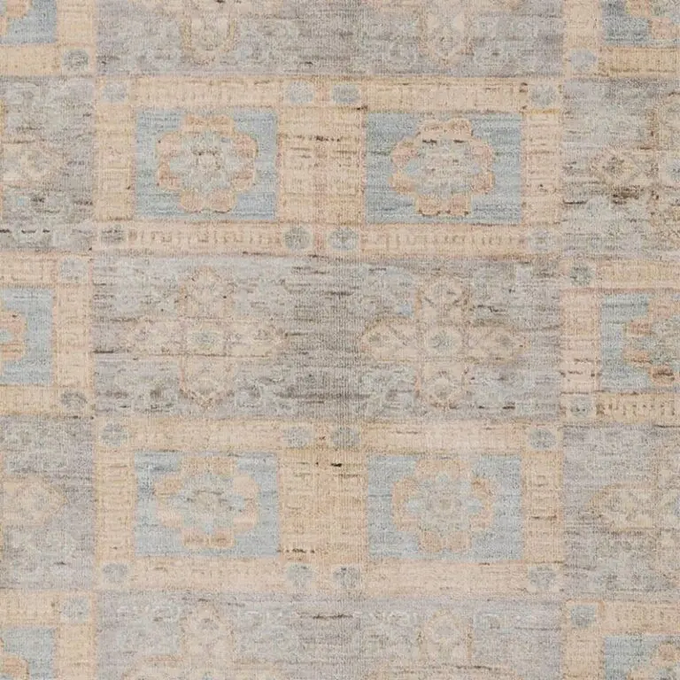 Choobi Oriental Lichen Coloured Rug Double Hand Knotted Afghan NZ Wool Veg Dye (267×180)cm, blue chobi afghan rug, close-up detail 2