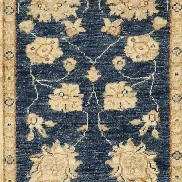 special Blue Choobi Double hand knotted Rug Gazney Wool Veg Dye Afghan (342 x 86)cm, blue chobi ghazni wool rug, close-up detail 1
