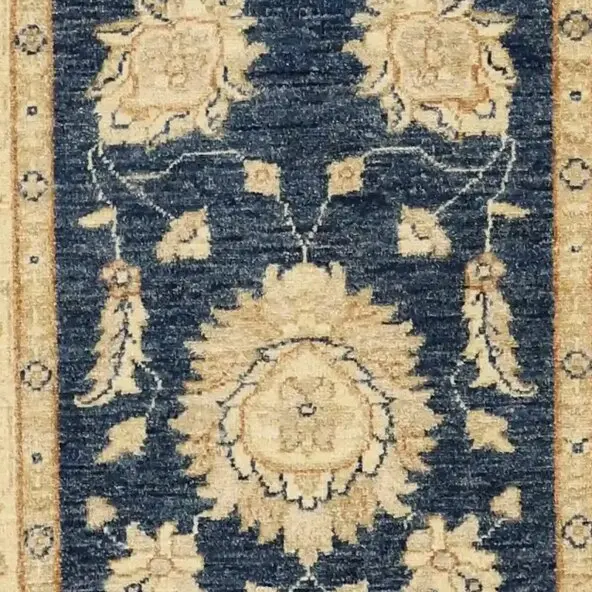 special Blue Choobi Double hand knotted Rug Gazney Wool Veg Dye Afghan (342 x 86)cm, blue chobi ghazni wool rug, close-up detail 2