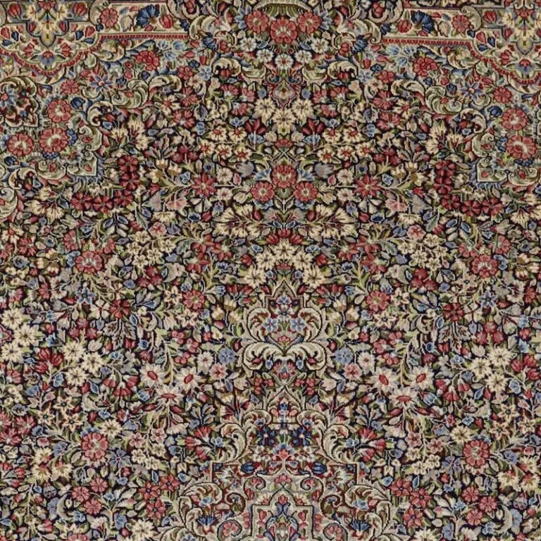Kerman Persian Rug Traditional Wed Dye (370×287)cm, blue kerman persian rug, close-up detail 1