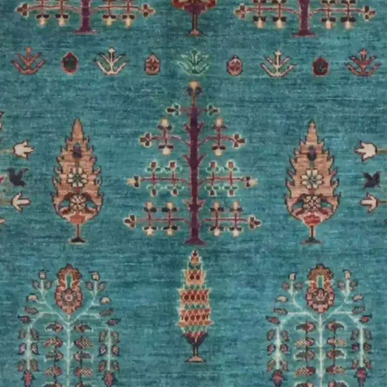 Tree of Life Rug German Dye Afghan Soft Wool (205 x 154)cm, blue tree of life afghan rug, close-up detail 1