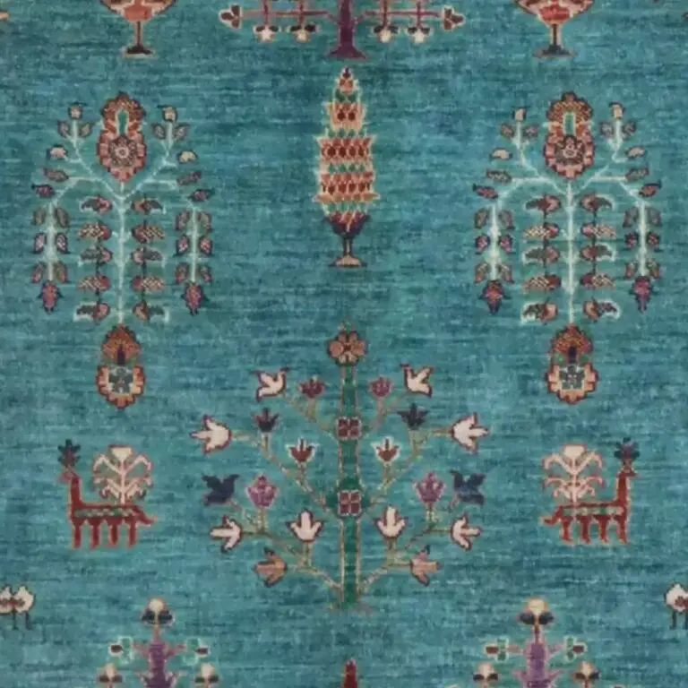 Tree of Life Rug German Dye Afghan Soft Wool (205 x 154)cm, blue tree of life afghan rug, close-up detail 2