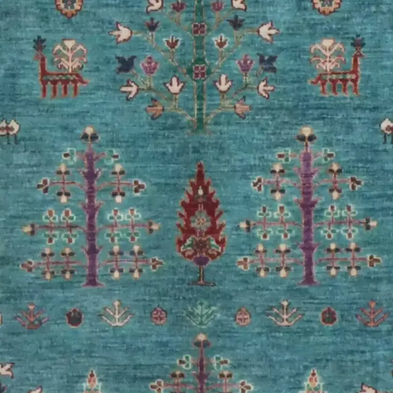 Tree of Life Rug German Dye Afghan Soft Wool (205 x 154)cm, blue tree of life afghan rug, close-up detail 3