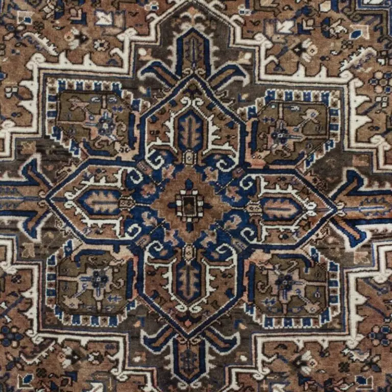 Heriz Tribal Hand Knotted NZ Wool Rug Coffee Colours Veg Dye Iranian (285×219)cm, brown heriz tribal rug, close-up detail 2