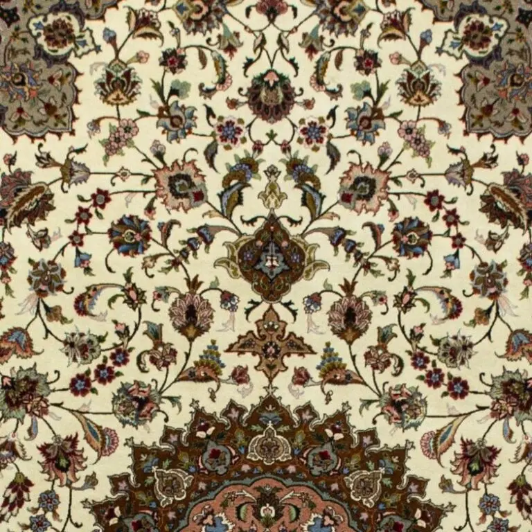 Tabriz Lamb Wool Rug Super Fine 50 Raj Veg Dye Iran (301×202)cm, brown tabriz persian rug, close-up detail 1