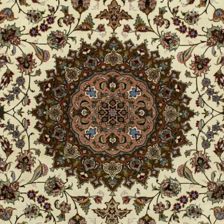 Tabriz Lamb Wool Rug Super Fine 50 Raj Veg Dye Iran (301×202)cm, brown tabriz persian rug, close-up detail 2