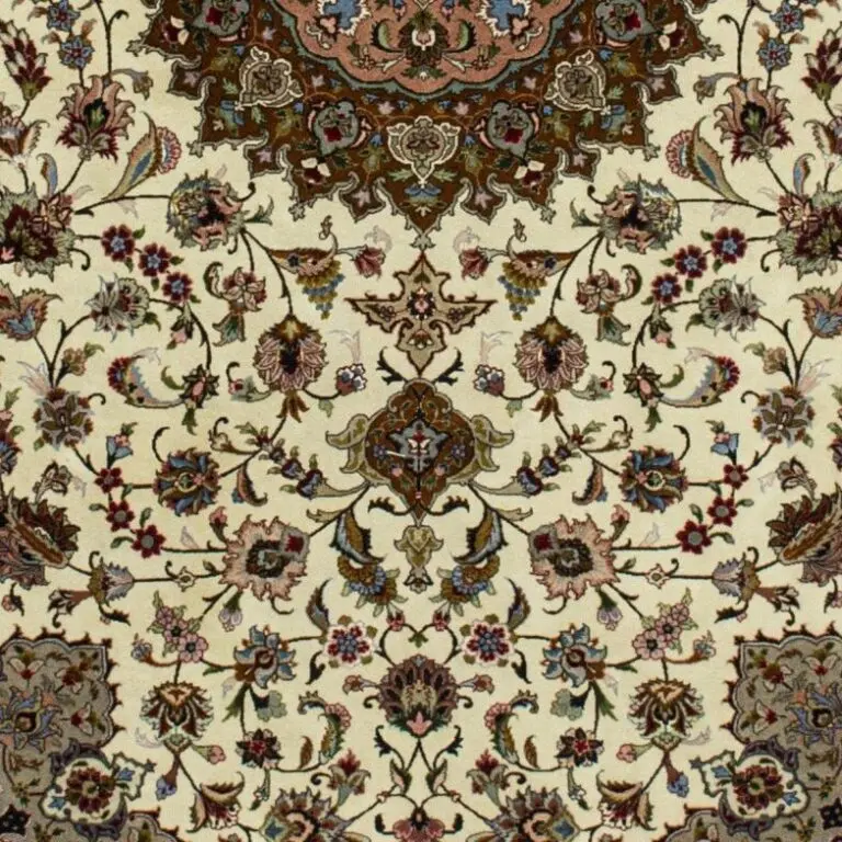 Tabriz Lamb Wool Rug Super Fine 50 Raj Veg Dye Iran (301×202)cm, brown tabriz persian rug, close-up detail 3