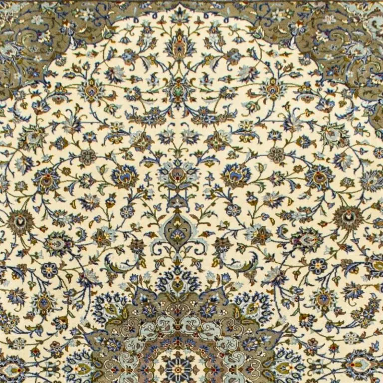 Persian Kashan Hand Knotted Neck lamb Wool Veg Dye Iran (361×260)cm, cream neutral kashan rug, close-up detail 1