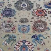 Amazing Flower Hand Knotted Rug NZ Wool&Bamboo Silk India Veg Dye(302×250)cm, cream peacock feather rug, close-up detail 2