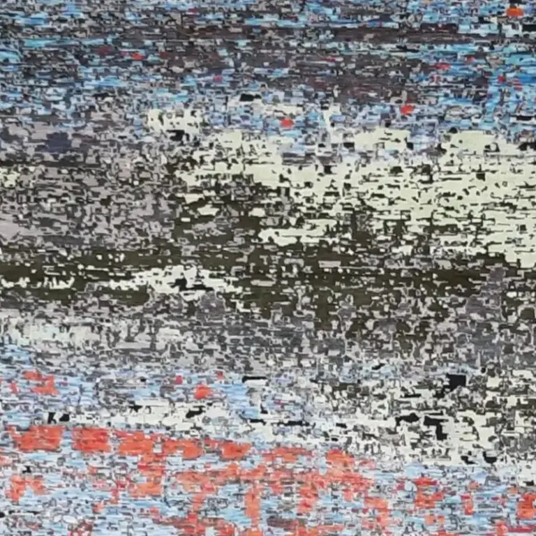 Abstract Hand Knotted Rug, crimson coral abstract rug, close-up detail 1