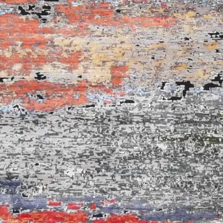 Abstract Hand Knotted Rug, crimson coral abstract rug, close-up detail 3