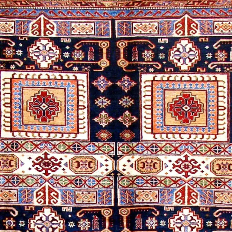 Dark Nevy Blue Super Fine Kazak Rug NZ Wool German Dye Afghan (306 x 248)cm, dark navy blue kazak rug, close-up detail 1