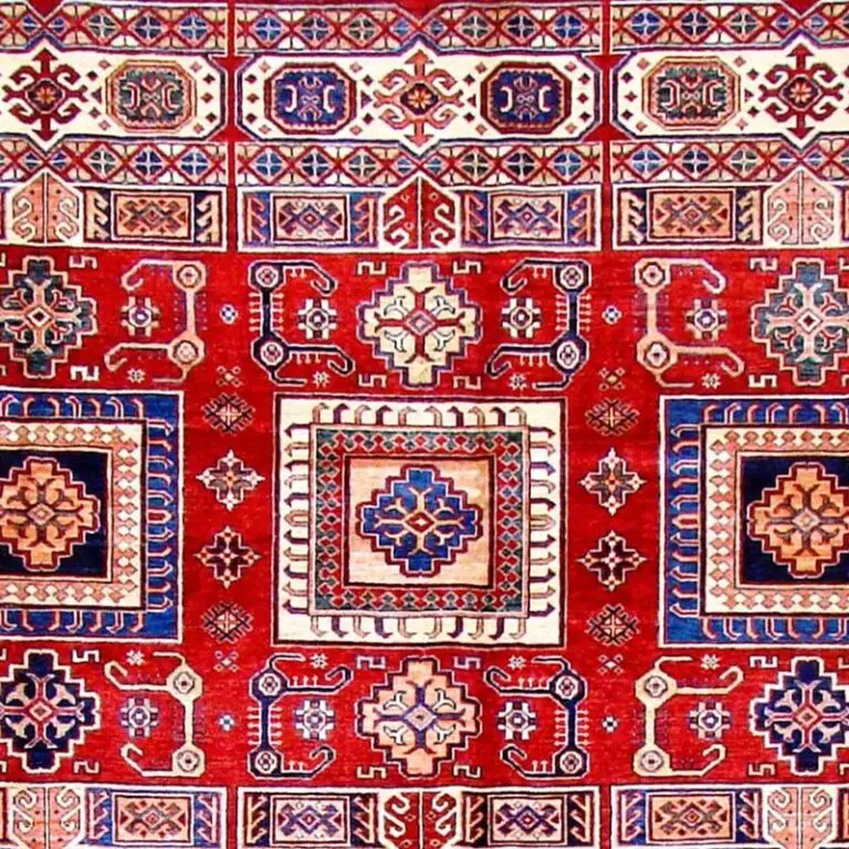 Flaming Red Fine Super Kazak Rug Double Hand Knotted NZ Wool german Dye Afghan (356 x 275)cm, flaming red kazak rug, close-up detail 1