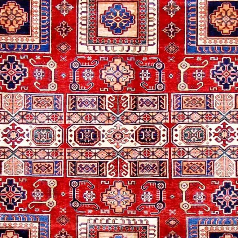Flaming Red Fine Super Kazak Rug Double Hand Knotted NZ Wool german Dye Afghan (356 x 275)cm, flaming red kazak rug, close-up detail 2