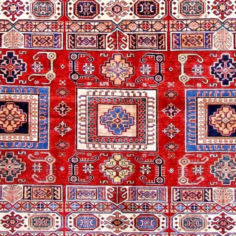 Flaming Red Fine Super Kazak Rug Double Hand Knotted NZ Wool german Dye Afghan (356 x 275)cm, flaming red kazak rug, close-up detail 3