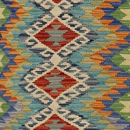 Killim Runner Choobi Flatweave German Dye Wool Afghan (396×88)cm, flatweave chobi hall runner, close-up detail 1