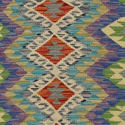 Killim Runner Choobi Flatweave German Dye Wool Afghan (396×88)cm, flatweave chobi hall runner, close-up detail 3