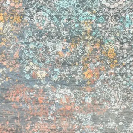 Wool and Silk Floral Field Rug, Hand Knotted Indian Wool & Bamboo Silk (372 x 275)cm, floral field wool silk rug, close-up detail 3