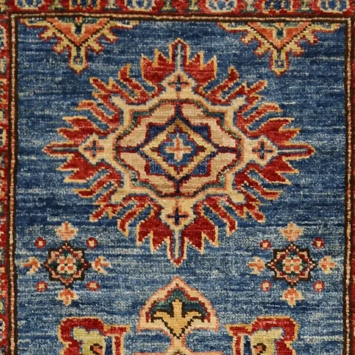 Super Kazak Geometric Oriental Rug German Dye Afghan soft wool (127 x 79)cm, green kazak geometric rug, close-up detail 1