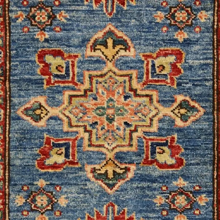 Super Kazak Geometric Oriental Rug German Dye Afghan soft wool (127 x 79)cm, green kazak geometric rug, close-up detail 2