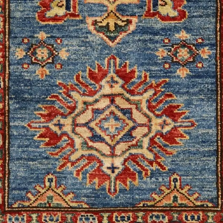 Super Kazak Geometric Oriental Rug German Dye Afghan soft wool (127 x 79)cm, green kazak geometric rug, close-up detail 3