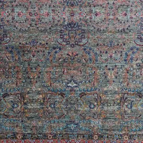 Saree Silk Veg Dye India (Rug 396 x 296)cm, green saree silk rug, close-up detail 3