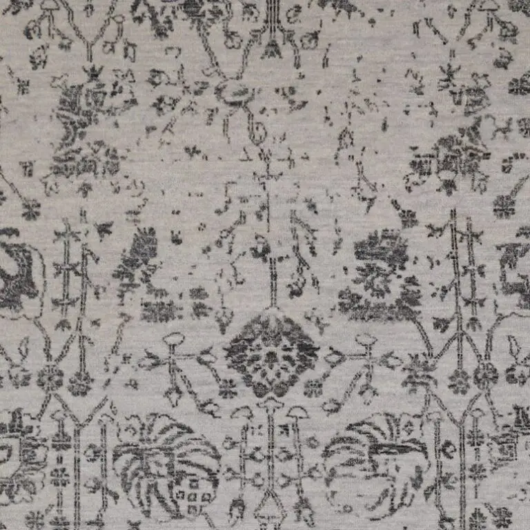 Hand Knotted Grey, Charcoal Floral NZ Wool & Bamboo Silk Rug Veg Dye Indian(245×158), grey floral transitional rug, close-up detail 1