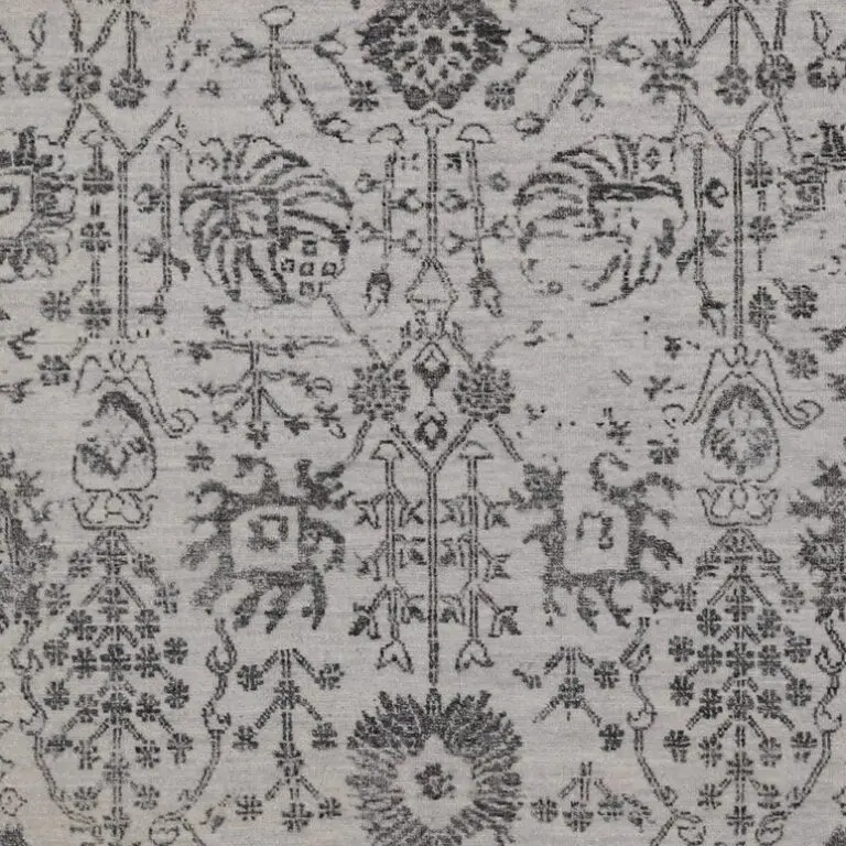 Hand Knotted Grey, Charcoal Floral NZ Wool & Bamboo Silk Rug Veg Dye Indian(245×158), grey floral transitional rug, close-up detail 2