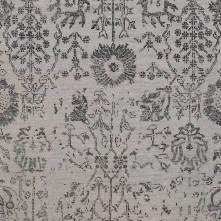 Hand Knotted Grey, Charcoal Floral NZ Wool & Bamboo Silk Rug Veg Dye Indian(245×158), grey floral transitional rug, close-up detail 3