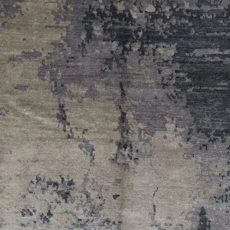 Abstract Rug Silk, Extra Long Gray Blue India (426 x 304)cm, grey navy bamboo silk rug, close-up detail 1