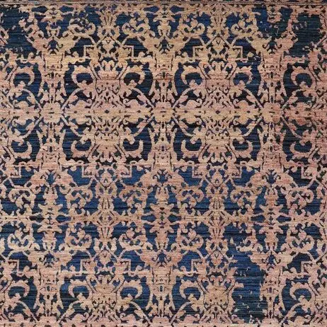 Wool & Bamboo Silk Hand Knotted Area Rug Indigo, Orange Veg Dye Indian(360×276)cm, indigo bamboo silk rug, close-up detail 1