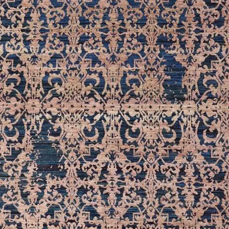 Wool & Bamboo Silk Hand Knotted Area Rug Indigo, Orange Veg Dye Indian(360×276)cm, indigo bamboo silk rug, close-up detail 2