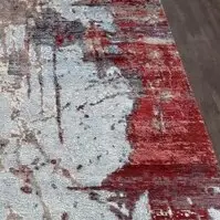 Muted Abstract Hand Knotted Rug Wool &Bamboo Silk India (296×197)cm, muted maroon abstract rug, close-up detail 3