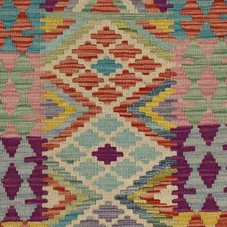 Choobi kilim Flatweave Runner, Promenade Wool afghan (395×88)cm, rainbow chobi kilim runner, close-up detail 1