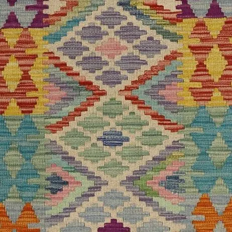 Choobi kilim Flatweave Runner, Promenade Wool afghan (395×88)cm, rainbow chobi kilim runner, close-up detail 2