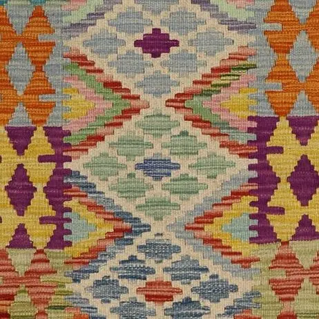 Choobi kilim Flatweave Runner, Promenade Wool afghan (395×88)cm, rainbow chobi kilim runner, close-up detail 3