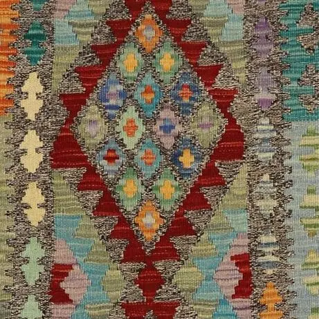 Choobi Killim Runner, Jewel colours Wool Afghan (380×84)cm, red diamond chobi runner, close-up detail 1