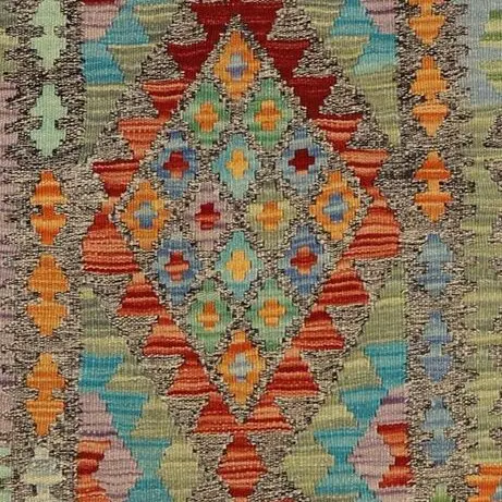 Choobi Killim Runner, Jewel colours Wool Afghan (380×84)cm, red diamond chobi runner, close-up detail 2