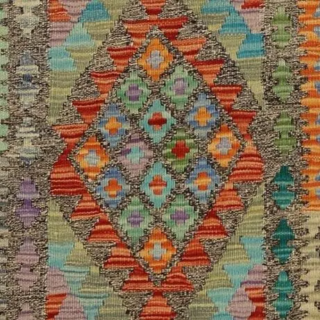 Choobi Killim Runner, Jewel colours Wool Afghan (380×84)cm, red diamond chobi runner, close-up detail 3