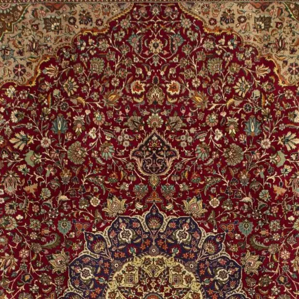 Persian Super Fine Tabriz Double Hand Knotted NZ Wool Rug 40 Raj German Dye Iran (398×304)cm, red formal tabriz rug, close-up detail 1