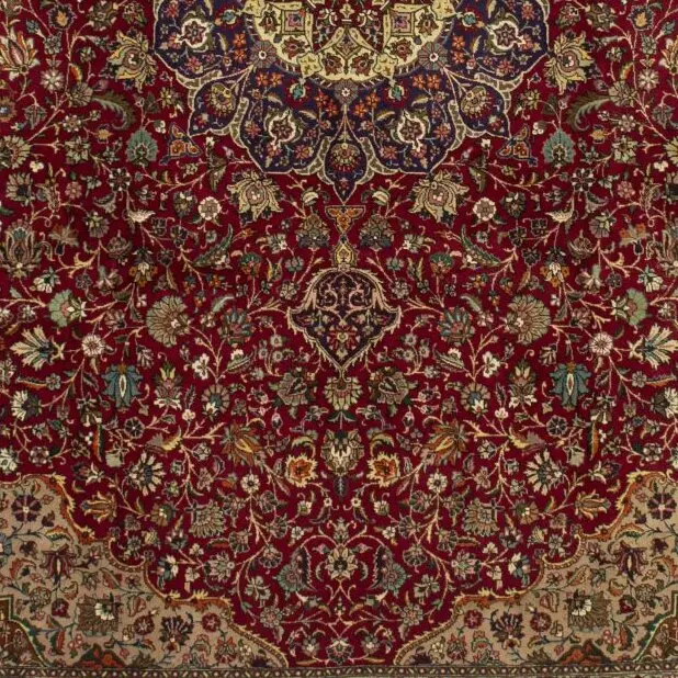 Persian Super Fine Tabriz Double Hand Knotted NZ Wool Rug 40 Raj German Dye Iran (398×304)cm, red formal tabriz rug, close-up detail 3