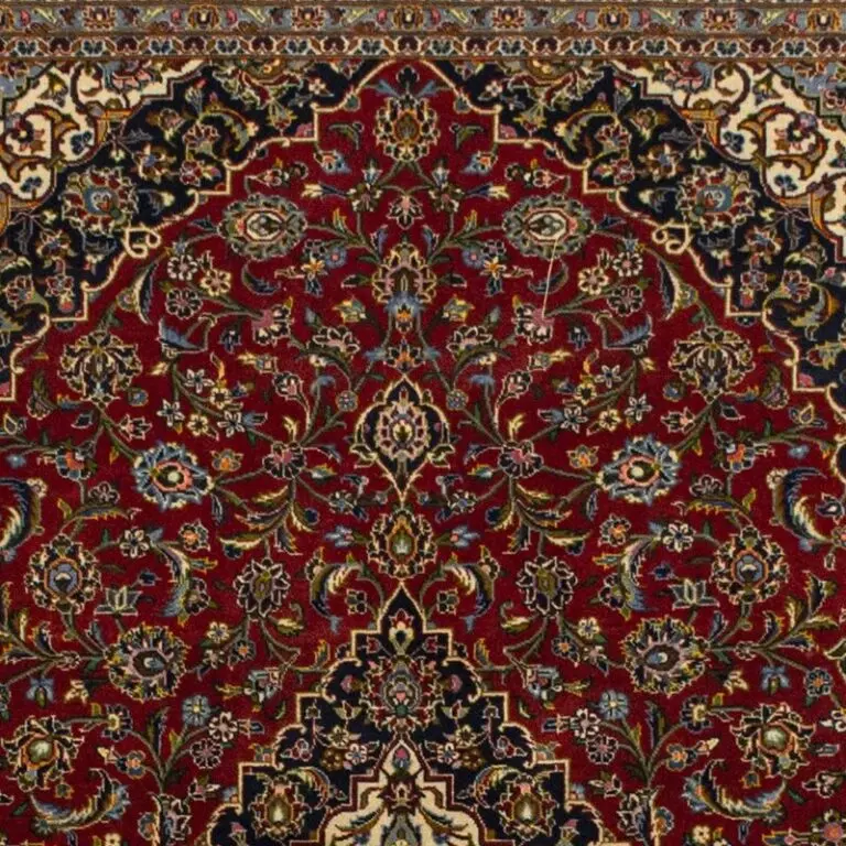 Kashan hand Knotted NZ Wool Rug, Red Background Iranian (162 x 99), red kashan persian rug, close-up detail 1