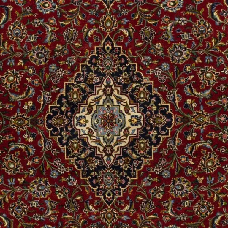 Kashan hand Knotted NZ Wool Rug, Red Background Iranian (162 x 99), red kashan persian rug, close-up detail 2