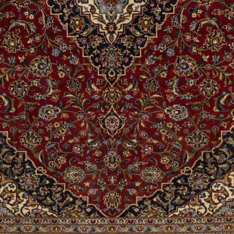 Kashan hand Knotted NZ Wool Rug, Red Background Iranian (162 x 99), red kashan persian rug, close-up detail 3