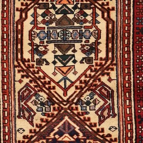 Serapy Persian Double Hand Knotted Runner NZ Wool German Dye Iran (314 x 85)cm, red serapy persian runner, close-up detail 1