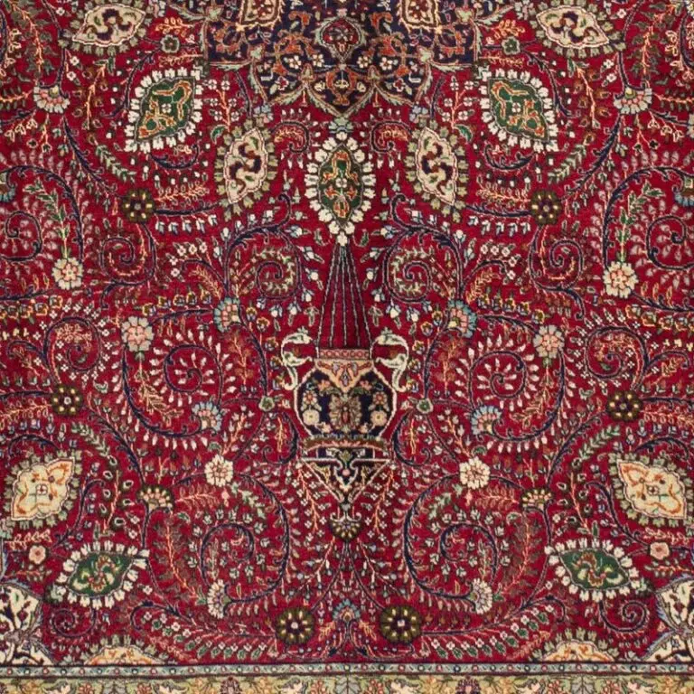 Tabriz Double Hand Knotted Rug Lamb Wool 40 Raj Veg Dye Iran11(391×290), red tabriz persian rug, close-up detail 3