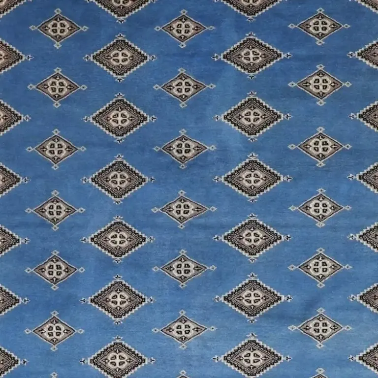 Sea Blue hand knotted Jaldar rug NZ Wool& Silk Veg Dye Pakistan (308 x 201)cm, sea blue jaldar rug, close-up detail 1