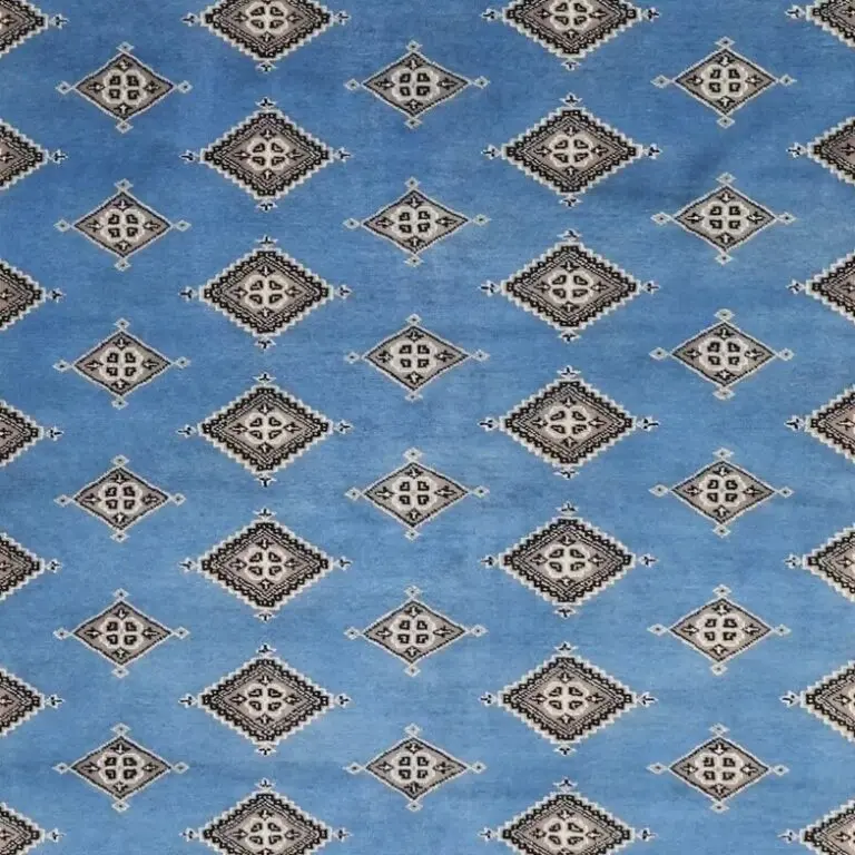 Sea Blue hand knotted Jaldar rug NZ Wool& Silk Veg Dye Pakistan (308 x 201)cm, sea blue jaldar rug, close-up detail 2