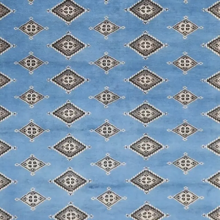 Sea Blue hand knotted Jaldar rug NZ Wool& Silk Veg Dye Pakistan (308 x 201)cm, sea blue jaldar rug, close-up detail 3