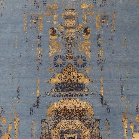 Transitional Hand Knotted Rug Wool & silk Germen Dye Pagoda Design India(343×253)cm, sky blue pagoda design rug, close-up detail 1